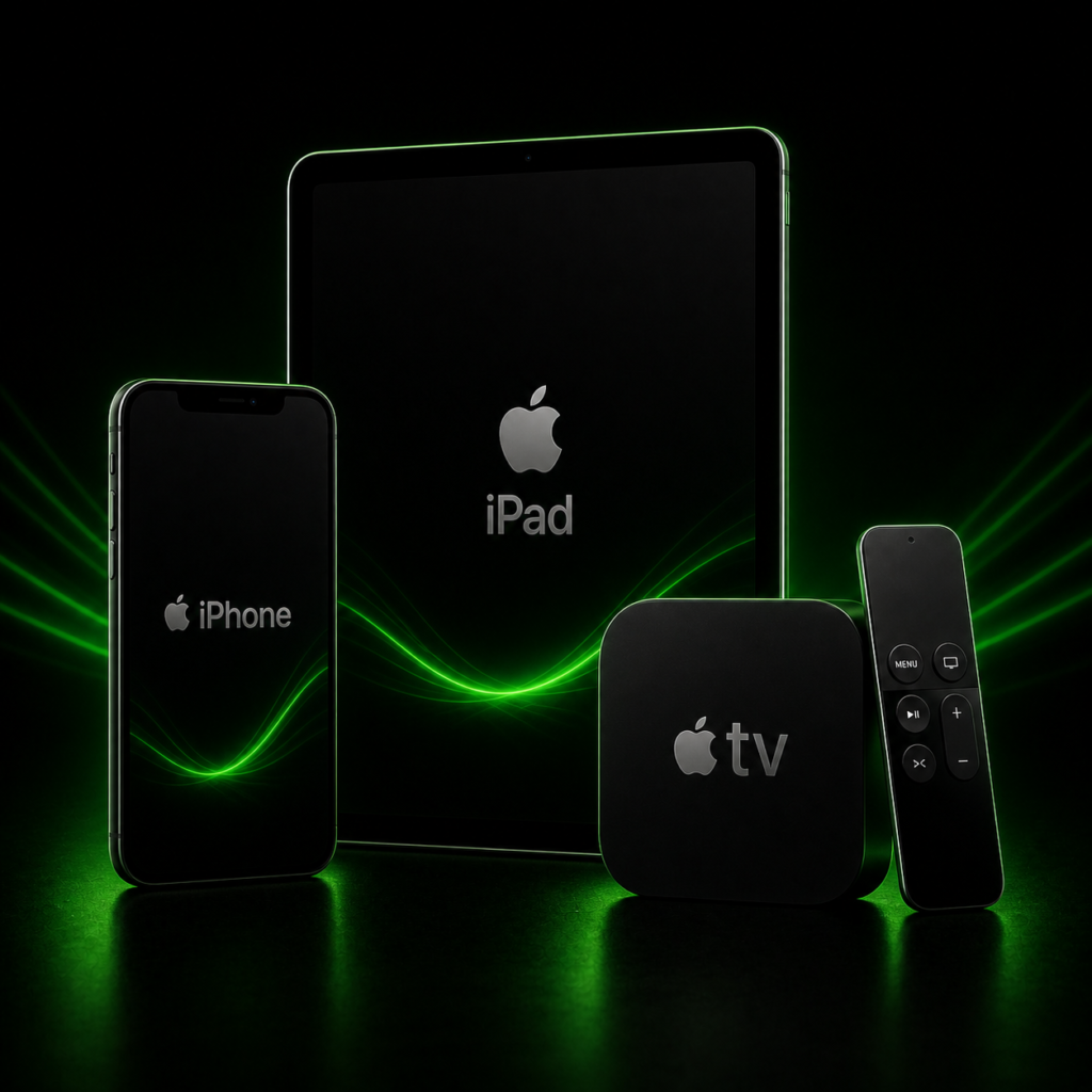 voodoo streams iptv iphone ipad apple tv streaming setup dark green premium devices