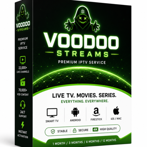 Voodoo Streams IPTV subscription box with green neon design showing 22000+ live channels and 70000+ VOD content compatible with Smart TV Android Firestick and iOS