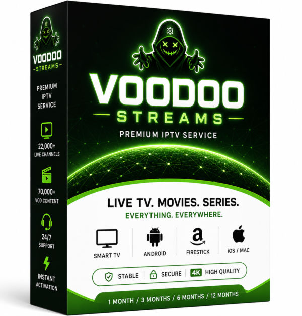 Voodoo Streams IPTV subscription box with green neon design showing 22000+ live channels and 70000+ VOD content compatible with Smart TV Android Firestick and iOS